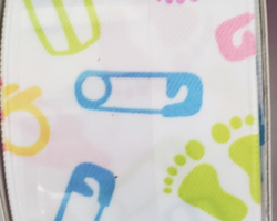 GEN NEU BABY ICON WH SAT-1.5” **(THIS IS NOT A FORMED BOW BY ITSELF!)**
THIS BOW WILL BE FLOPPY UNLESS USED IN CONJUNCTION WITH A SOLID WIRED RIBBON. Streamers will be solid ribbon in the colors of blue, pink, green and yellow. If available, a coordinating text streamer could be added.