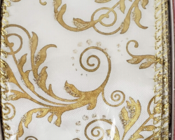 GLD VINES IVY SAT-2.5” WR
This bow could be used for any occasion including Christmas. Streamers will be solid ribbon in the colors of gold and ivory. If available, a coordinating text streamer for the desired occasion could be added.