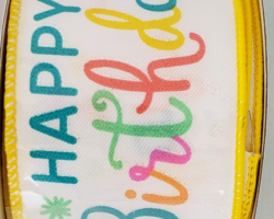 HPY BDAY MULTI TXT WH SAT-2.5” WR
This bow is for a birthday collection. Streamers will be solid ribbon in coordinating colors and prints.