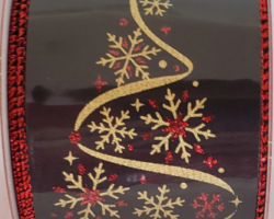 GLD SNWFL TREE BLK SAT-2.5" WR This bow is for a Christmas collection. Streamers will be solid ribbon in the colors of gold, red and black. If available, a coordinating text streamer could be added.