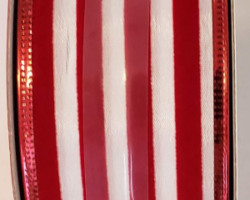 RD VELV WH STRP SAT-2" WR This bow could be used for any occasion. Streamers will be solid ribbon in the colors of red and white. If available, a coordinating text streamer for the desired occasion could be added.