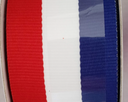 RD WH BLU STRP GROS-1.5” **(THIS IS NOT A FORMED BOW BY ITSELF!)**
THIS BOW WILL BE FLOPPY UNLESS USED IN CONJUNCTION WITH A WIRED SOLID RIBBON. It could be used for Fourth of July or Patriotic events. Streamers will be coordinating ribbon in the colors of red, white, and blue. If available, a coordinating text streamer for the desired occasion could be added.